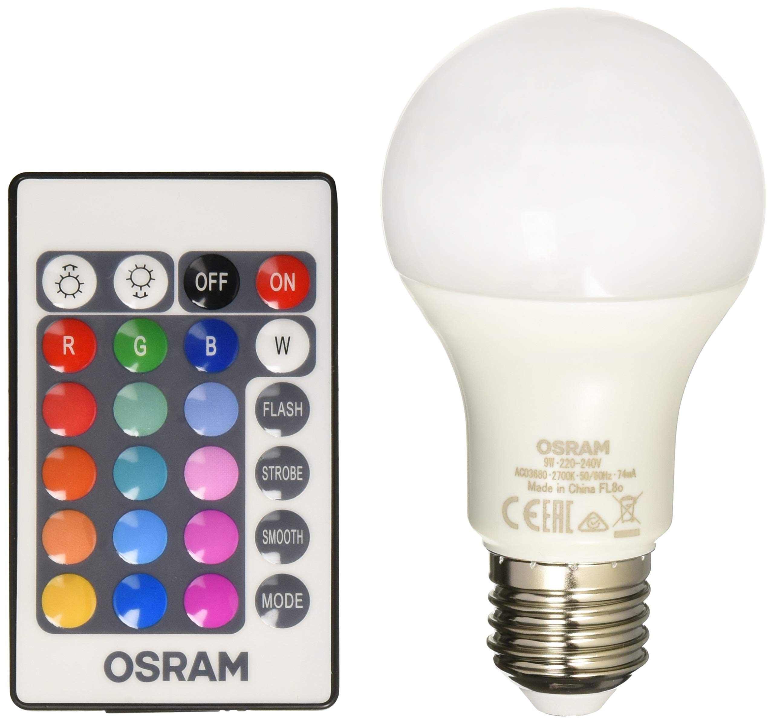 OSRAM LED lamp / Base: E27 / Warm White / 2700 K / 9 W / for 60 W Incandescent bulb / frosted / LED Retrofit RGBW lamps with remote control [Energy efficiency class A+] / pack of 6