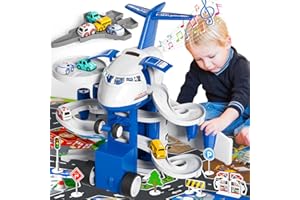 iHaHa Airplane Toys with Toy Car Track Set, Airplane Toys for 2+ 3 Year Old, Garage Parking Lot Playset with 14 Road Signs 4 Inertial Cars 1 Map, Toddler Boy Toys Birthday Gift for 2 3 4 5 6 Years Old