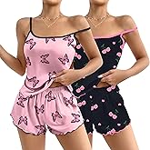 Ekouaer 2 Pack Womens Cami Pajama Sets Cute Print Tank Top Pjs and Shorts Camisole Lounge Set