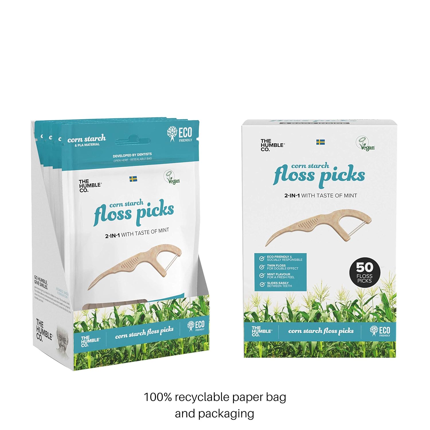 The Humble Co. Natural Dental Floss Picks (200 count) - Vegan, Eco Friendly, Sustainable Flossers for Zero Waste Oral Care - Helps Remove Plaque and Gives a Fresh Feel (Fresh Mint/Double Thread) : Beauty