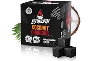 COCOBURN Natural Hookah Charcoal Cubes 26mm 64 Pieces Flavorless Coconut Charcoal Briquettes Long Burn Time, Low Ash & No Smell - Premium Shisha Narguile Hookah Coals