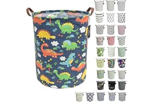 laundry baskets,bedroom hamper,kitchen organization,GodenMoninG 62.8L Waterproof Round Cotton Linen with Handles Collapsible storage basket. (Blue Dinosaurs)