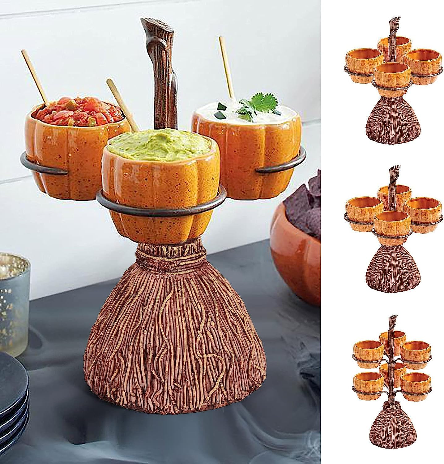 KENANLAN Mini Halloween Resin Pumpkin Bowls on Broom for Serving Snacks Salad Fruit Halloween Party Supplies Decorations (3)
