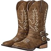SheSole Extra Wide Calf Cowgirl Boots for Women with Buckles - Cowboy Boots with Hidden Stretch Panel & Removable Cushion - Comfort Square Toe Western Boots for Fuller Figures