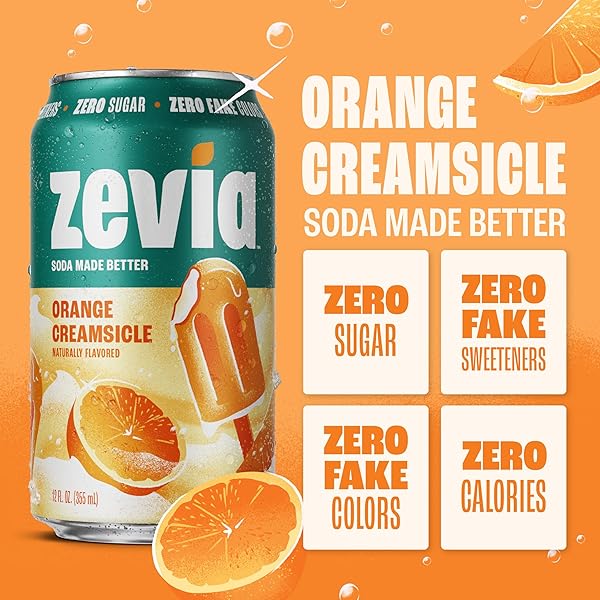 ZEVIA ZERO SUGAR SODA, ORANGE CREAMSICLE, 12 OZ CANS (8-PACK) – CAFFEINE FREE, NATURALLY SWEETENED, NO CALORIE SODA – NON-GMO PROJECT VERIFIED, GLUTEN-FREE, VEGAN