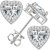 Moissanite Heart Earrings Stud Screw Back 0.3-2.0ct 4-8mm 18K White Gold Plated 925 Sterling Silver Moissanite Halo Stud Earrings for Women