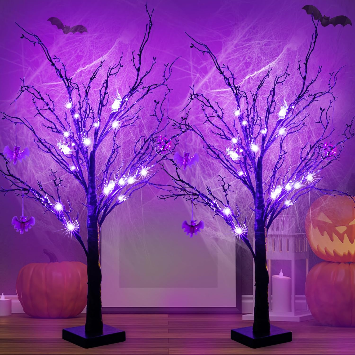 Trees - 2Pack 24Inch Halloween Black Tree Prelit 24 Purple LED Lights Battery Operated Timer Halloween Decorations Indoor with Bat Decor Spooky Artificial Tree Halloween Party Tabletop Home Holiday Decoration