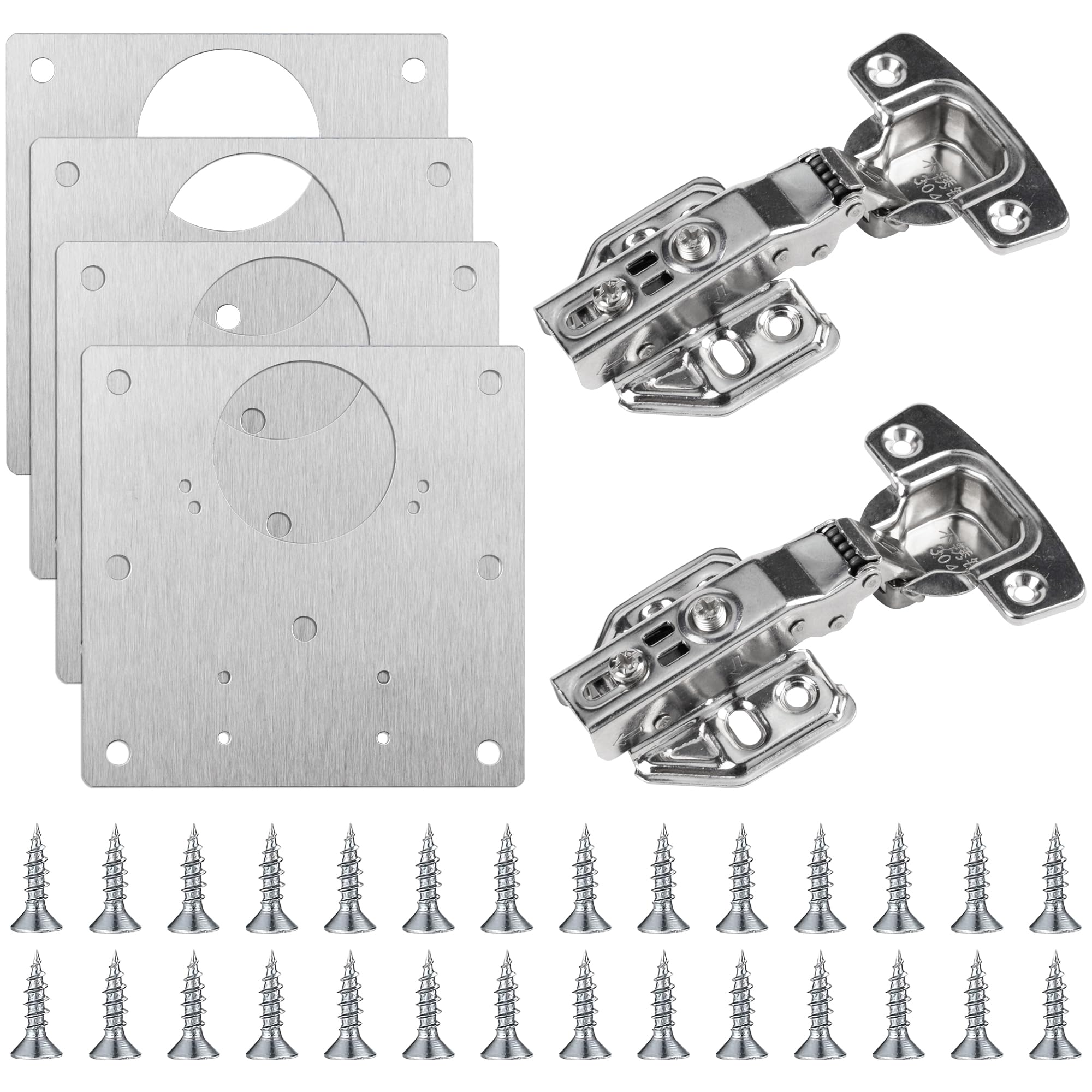 KEYIDO 4 PCS Hinge Repair Plate and 2 PCS Full Overlay Cabinet Hinges Soft Close Kitchen Cupboard Door Hinges Repair Kit Fixing Plates for Wardrobe Unit with 32 PCS Screws