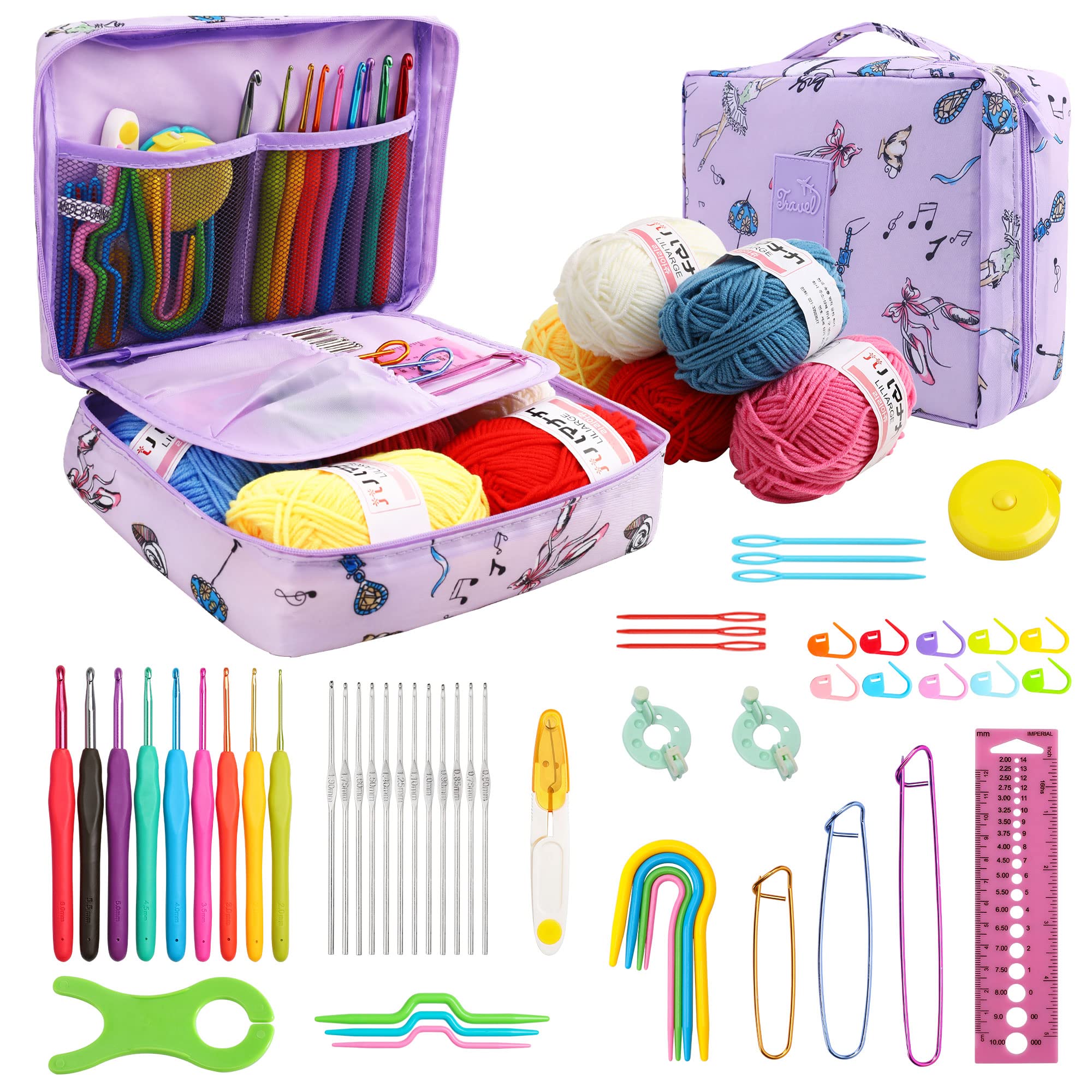JOZEA 58pcs Crochet Kits, Including 9 Pieces of Crochet Hooks, Yarn and Storage Case, Crochet Hooks Set, Crochet Accessories and Knitting Accessories, for Beginners, Purple