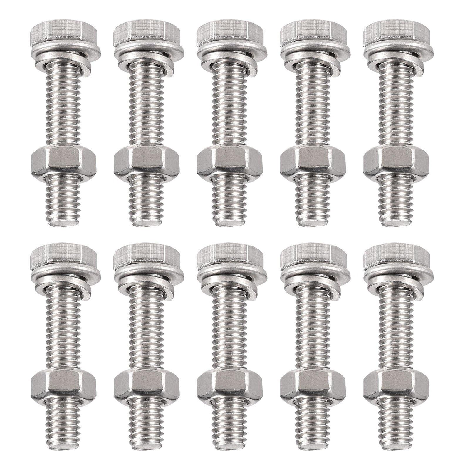 TA-VIGOR 10Pcs M6 x 30mm Hex Head Screws Bolts, Nuts, Flat & Lock Washers Kits, Fully Thread Hexagon Bolts, High Tensile Cap Screws for Metal Work, Automotive Machinery, Bike Motorcycles Repair