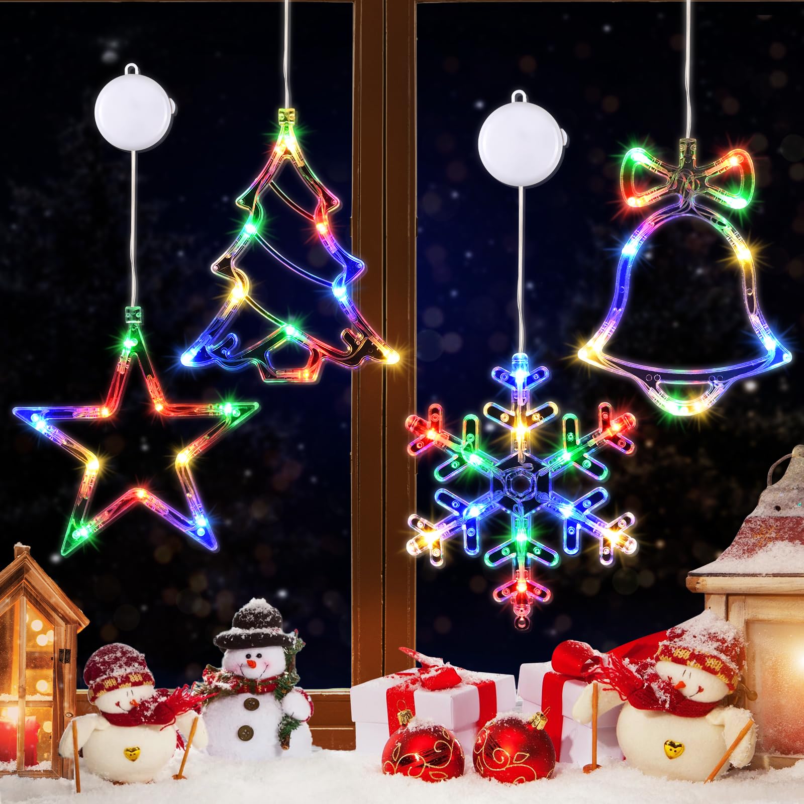 Photo 1 of Waipfaru 4 PCS Christmas Window Lights with Timer Function, Multicolor Christmas Window Decorations Jingle Bell Snowflake Xmas Tree Star Lights with Suction Cup for Decorations Indoor