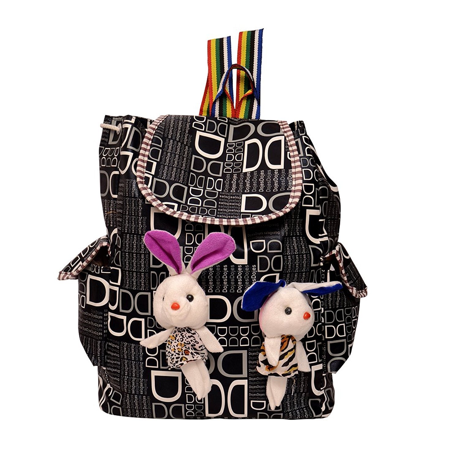 roshiaaz girl's canvas check print bunny teddy backpack (black)