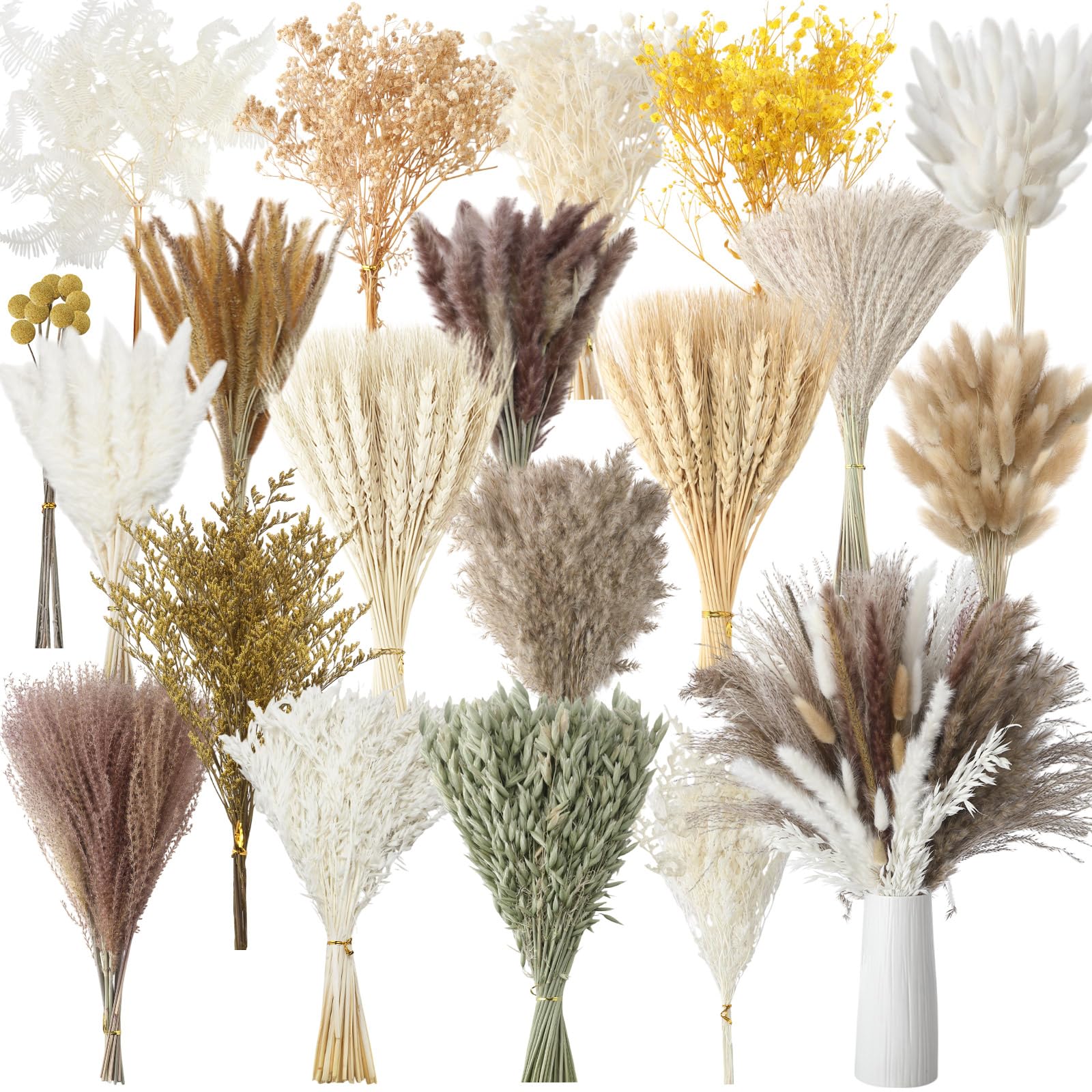 Photo 1 of Nuanchu 703 Pcs Dried Pampas Grass Decor Boho Flower Bouquet Bulk with Bunny Tails, Reed Grass for Wedding Home Table Rustic Farmhouse Party Office(Retro Style)
