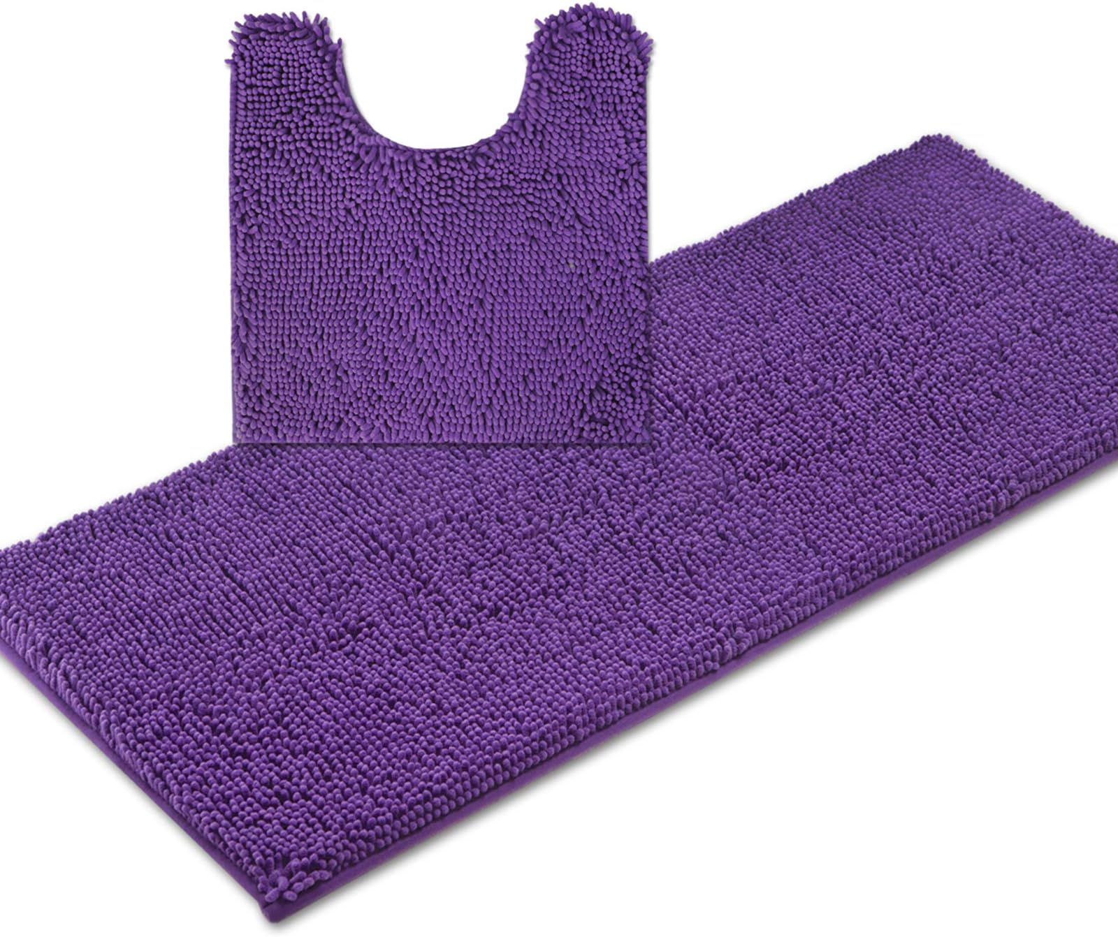 ITSOFT2pc Non-Slip Shaggy Chenille Bathroom Mat Set, Includes 21 x 24 Inches U-Shaped Contour Toilet Mat and 21 x 47 Inches Bath Mat, Lilac