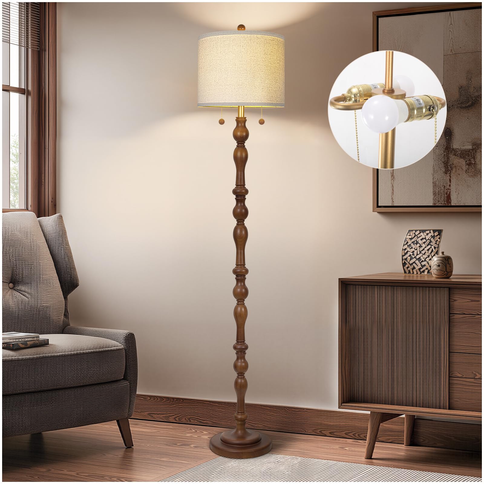 Photo 1 of 65.5" Natural Real Wood Floor Lamp with S Cluster Pull Chains Dual Switch,Wood Base Standing Lamp,Rustic Tall Lamp with Linen Shade,Farmhouse Floor Lamp for Living Room,Bedroom,Office(Bulb Included)
