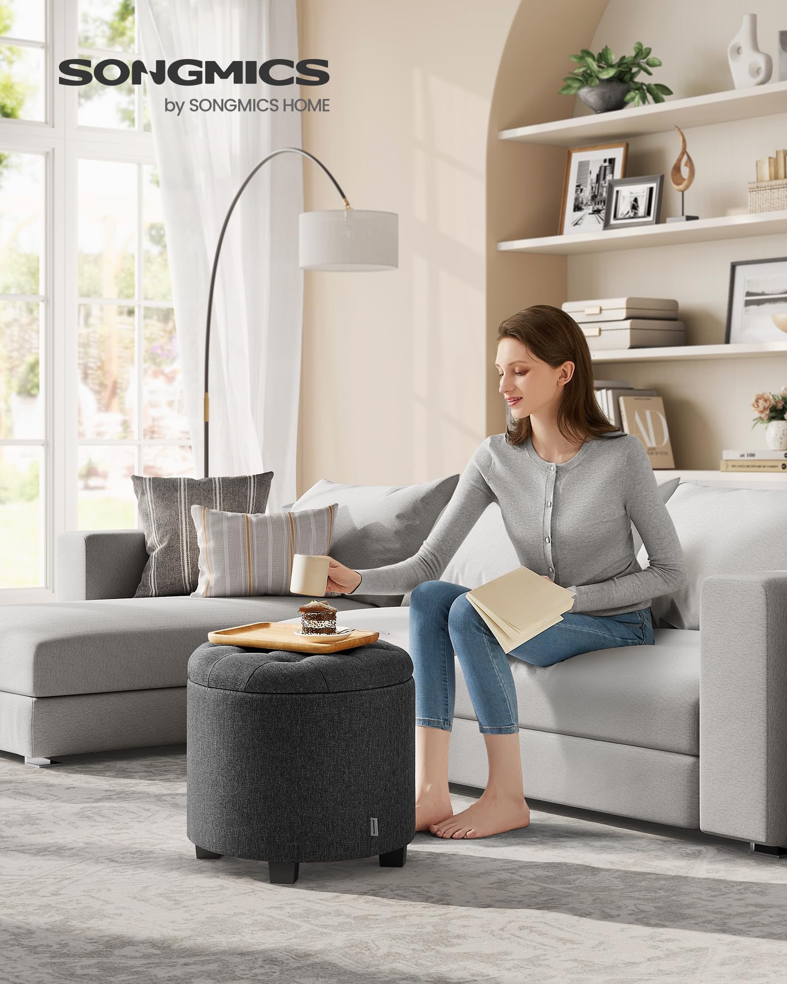 SONGMICS Round Ottoman, Ottoman with Storage, 17.7 Dia. x 17.5 H Inches Foot Rest with Legs, Load up to 330 lb, for Living Room, Bedroom, Dark Gray ULOM011G01 - Image 2