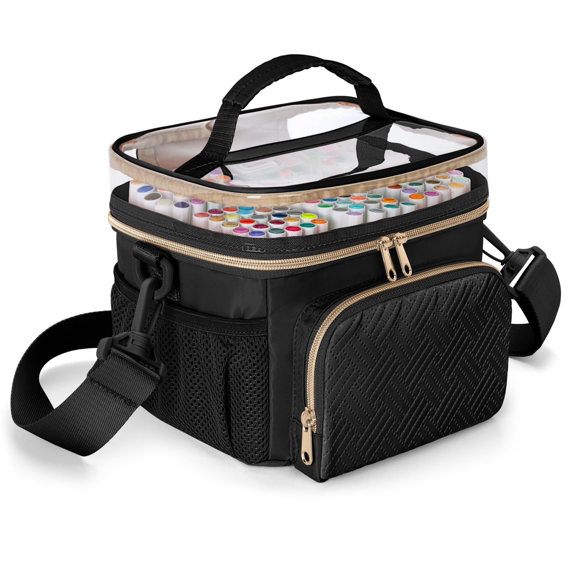 Rexmica Marker Organiser Case for 100 Markers, Marker Pen Storage Holder Bag with Divider and Shoulder Strap, Marker Travel Carrying Case with 3 Pockets, Black(Patented Design)