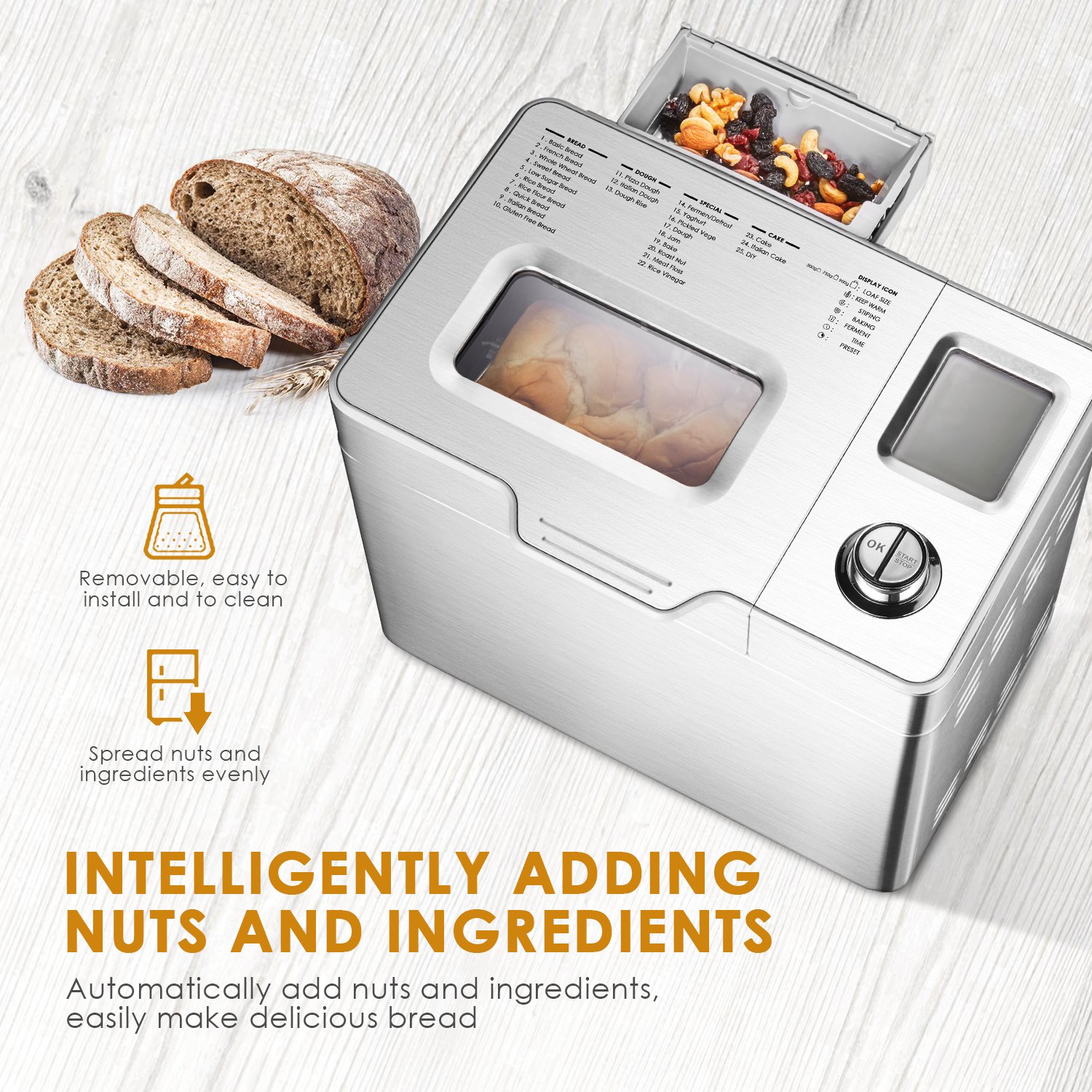 Aicok bread machine with its automatic fruit and nut dispenser open, showing nuts and dried fruit inside. The image highlights that it's removable, easy to install and clean, and spreads ingredients evenly.