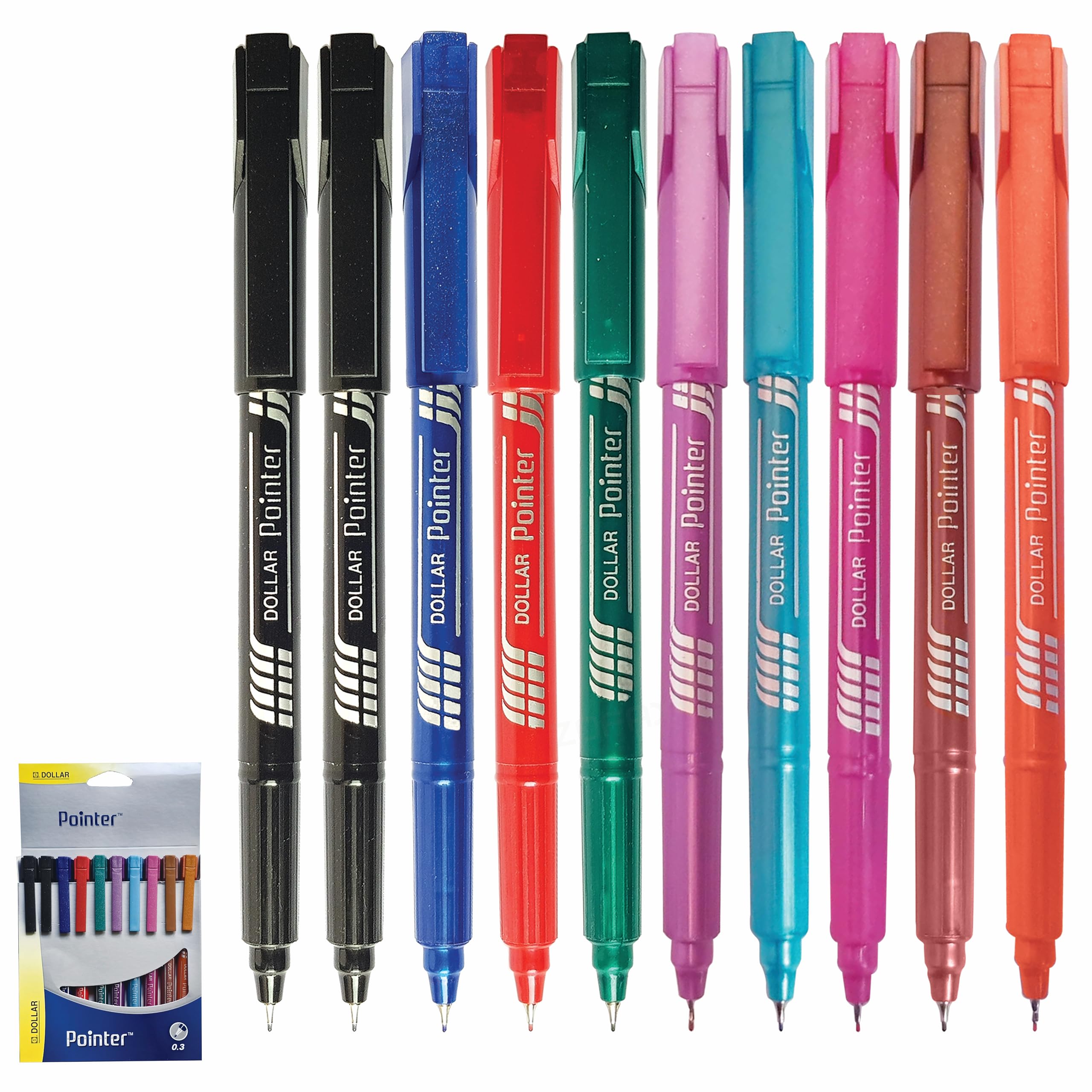 DOLLAR Fineliner Pens, MULTICOLOUR, 0.3mm Ultra Fine Felt Tip, Pack of 10, Precise Writing, Write Draw Sketch Colour Mark Fine Line Pens