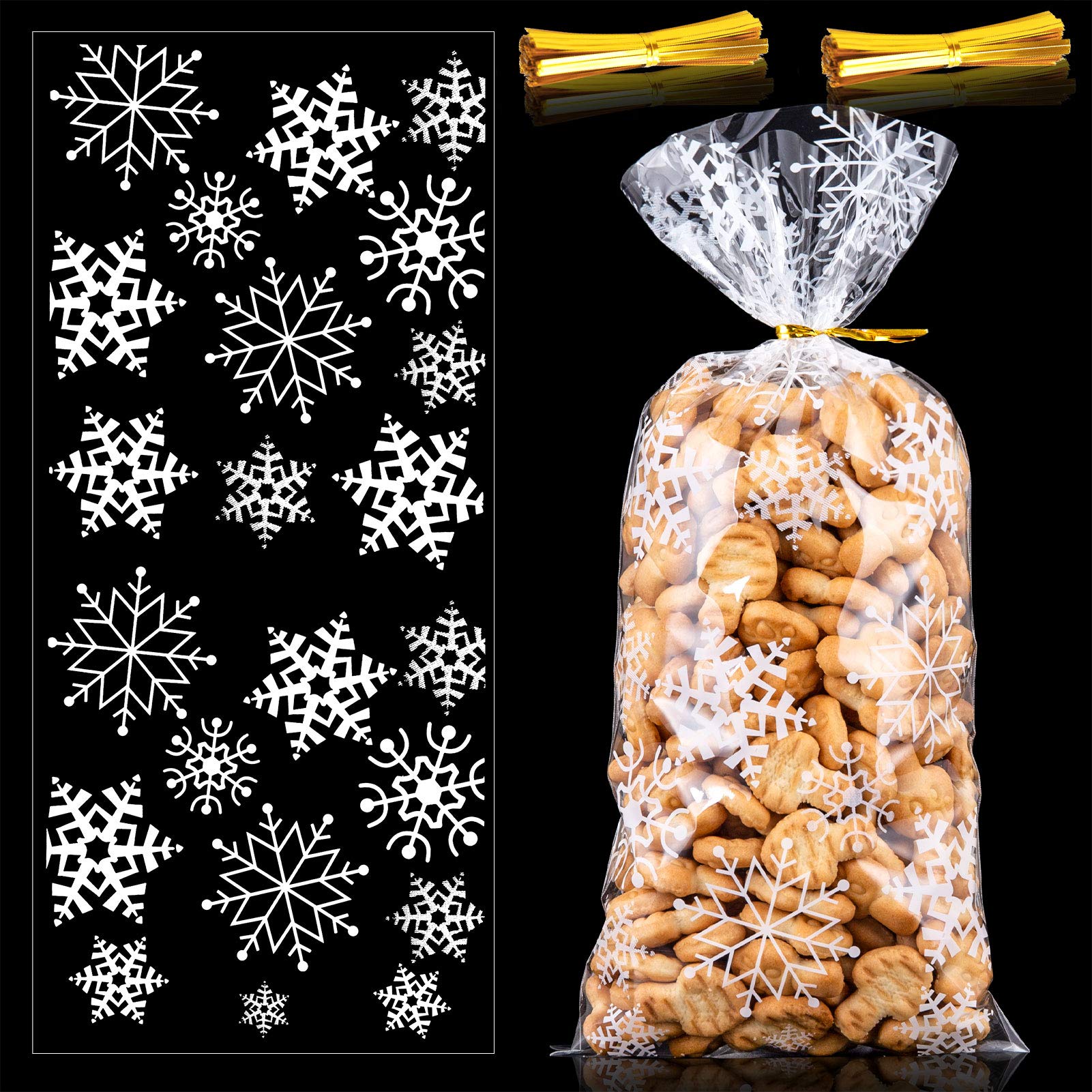 MELLIEX 100pcs Christmas Cellophane Bags Snowflake Treat Party Cookie Candy Bags with 200pcs Twist Ties for Christmas Party Supplies