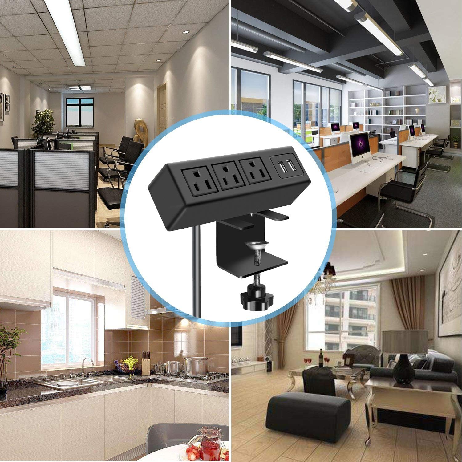 3 Outlet Desk Clamp Power Strip, Desk Mount USB Charging Power Station, Removable Desktop Power Center Plugs Output 125V 60HZ 12A 1500W, USB 5V 2.1A 6.56FT Cable: Home Audio & Theater