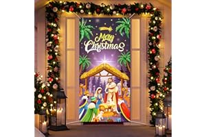 DPKOW Merry Christmas Nativity Door Cover, Christmas Nativity Scene Door Banner, Night Stars Nativity Party Banner Decoration for Christmas Birth of Jesus Religious Bethlehem Manger Scene Backdrop