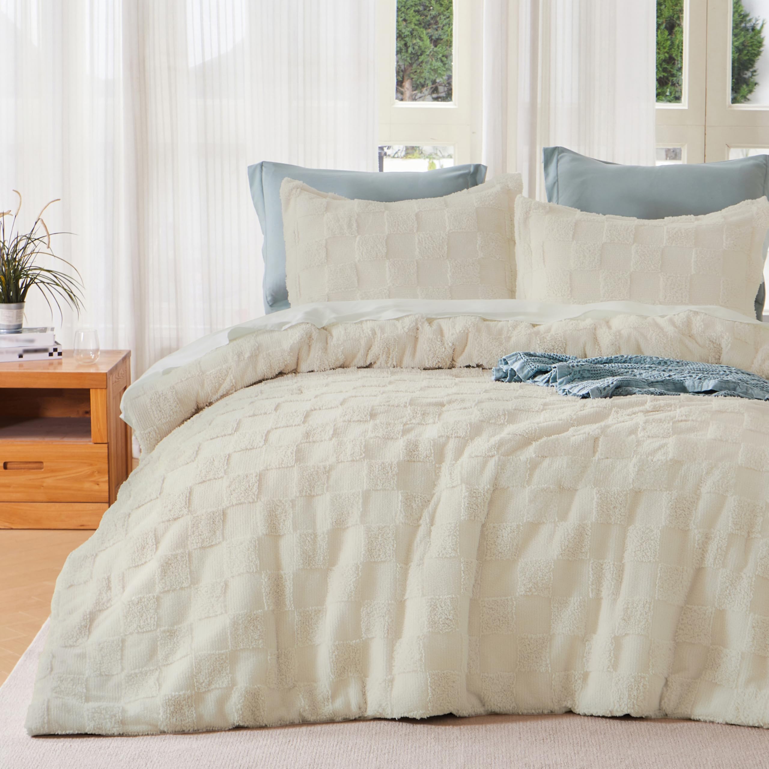 Photo 1 of Joiedomi Tufted Full Size Comforter Set, 3 Pieces Beige Boho Full Bedding Set with 1 Plaid Geometric Comforter and 2 Pillow Shams, Checkered Bed in a Bag for All Seasons