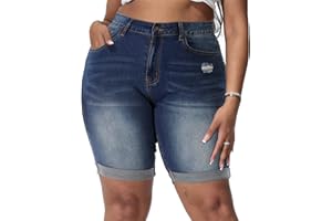 ALLEGRACE Plus Size Denim Shorts Women High Waisted Ripped Folded Hem Jean Shorts