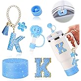 AiScrofa Cup Accessories Set for Stanley 30 oz 40 oz Tumbler with Handle, Including Initials Charms, Straw Cover Cap, Boot, Sticker, Silicone Spill Proof Stopper,Blue Decorate for Boy Girl