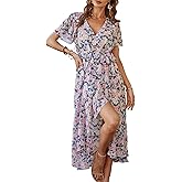 PRETTYGARDEN Women's Summer Floral Boho Maxi Dress Short Sleeve Wrap V Neck Ruffle Long Flowy Beach Wedding Guest Dresses