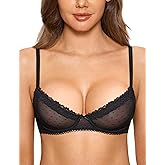 DOBREVA Women's Balconette Lace Bra See Through Demi Sheer Mesh Plus Size Underwire
