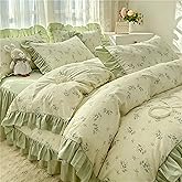4pcs Duvet Cover Set Queen Size-100% Luxury Cotton Ultra Soft Ruffle bedding set includ 1 Duvet Cover with Zipper Ties,1 Fitted Sheet with Bed Skirt, 2 lace Pillow Shams for all season (light green)