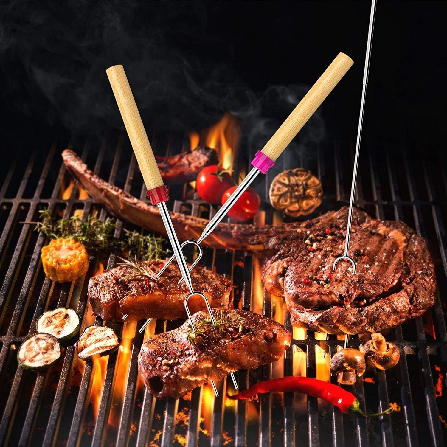 Newthinking Extendable Marshmallow Roasting Sticks, 32-inch Stainless Steel Barbecue Forks Sticks with Wooden Handle Roasting Sticks for Campfire, Fire Pits, Camping, Set of 8 : Garden & Outdoor