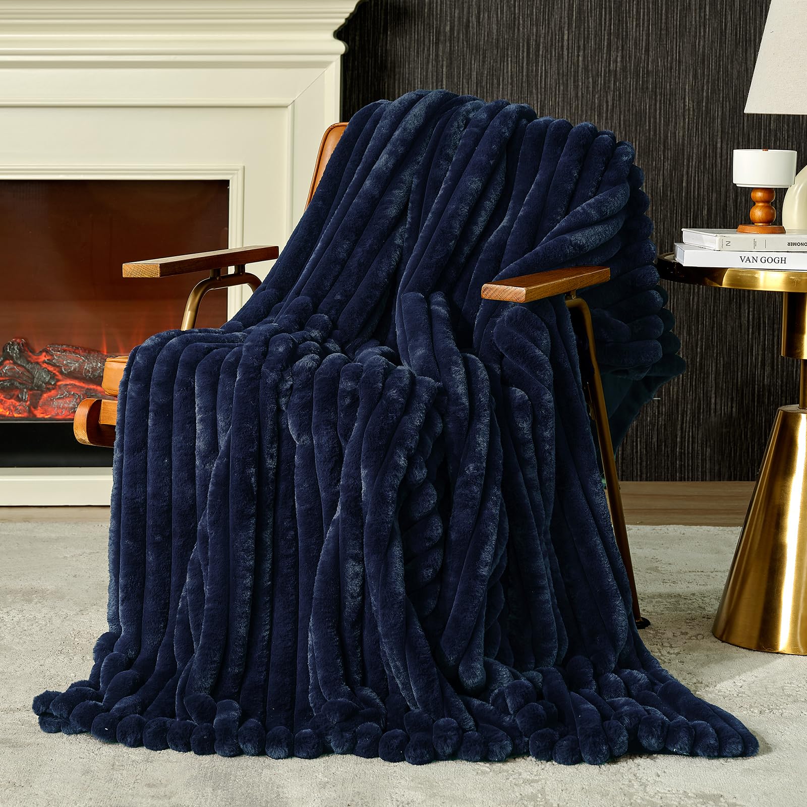 Photo 1 of Amélie Home Faux Fur Throw Blanket for Couch, Cozy Fuzzy Fluffy Fur Luxurious Soft Striped Plush Gift Blankets for Family Sofa Chair Bed Living Room Bedroom, 55"x70", Navy Blue