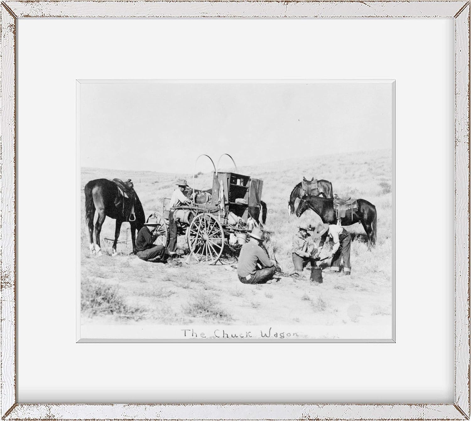 Photographs - INFINITE PHOTOGRAPHS 1937 Photo Cowboys Eating Next to chuckwagon and Horses. The Chuck Wagon | Vintage Photo Reproduction Ready to Frame