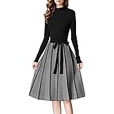 LAI MENG FIVE CATS Women's Elegant Knit Long Sleeve Sweater Stripes Pullover Fall Midi Dress