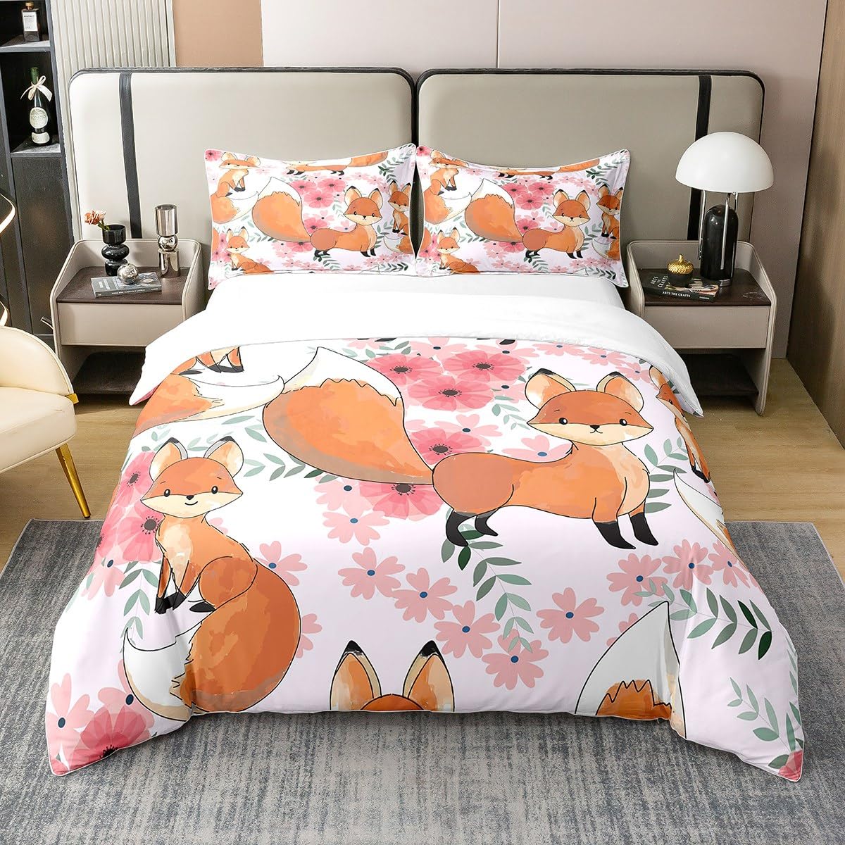 Loussiesd Cute Fox 100% Cotton Duvet Cover Double Size Cartoon Fox Animals Bedding Cotton Duvet Cover Set Floral Bedding Set Botanical Cherry Blossom Comforter Cover Set Orange Pink Bedspread Cover
