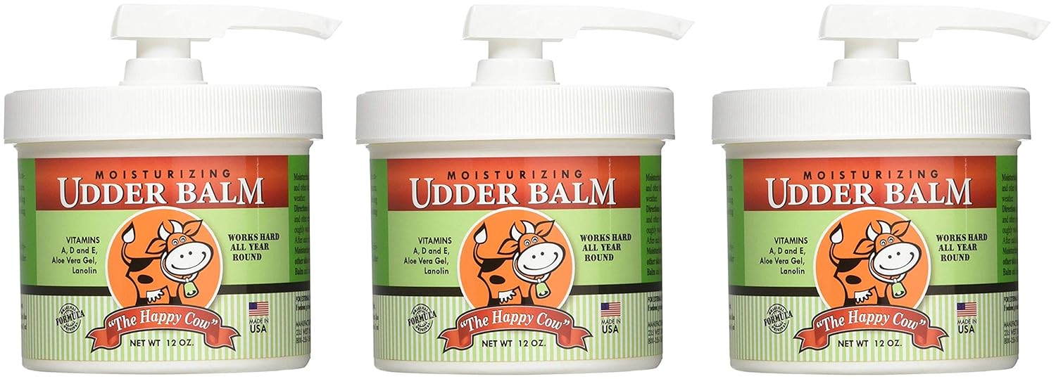 The Happy Cow 3 Pack of Moisturizing Udder Balm, 12 Ounces each, Pump Lid Jars