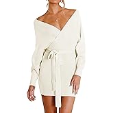 ZESICA Women's Fall Long Batwing Sleeve Wrap V Neck Knitted Backless Bodycon Pullover Sweater Dress with Belt