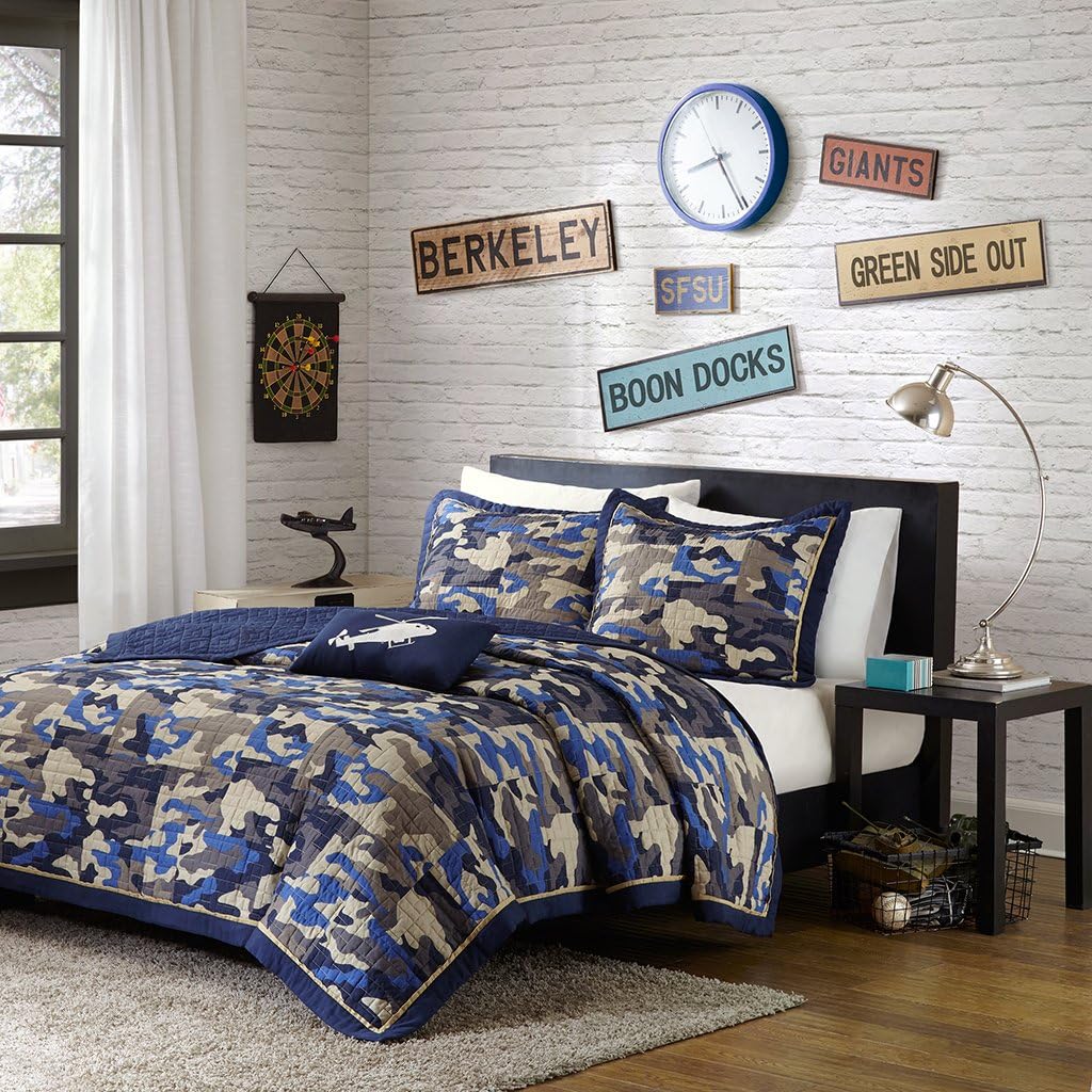 Blue, Gray Tan Camouflage, Camo, 4 Piece Full / Queen Quilt Shams Toss Pillow