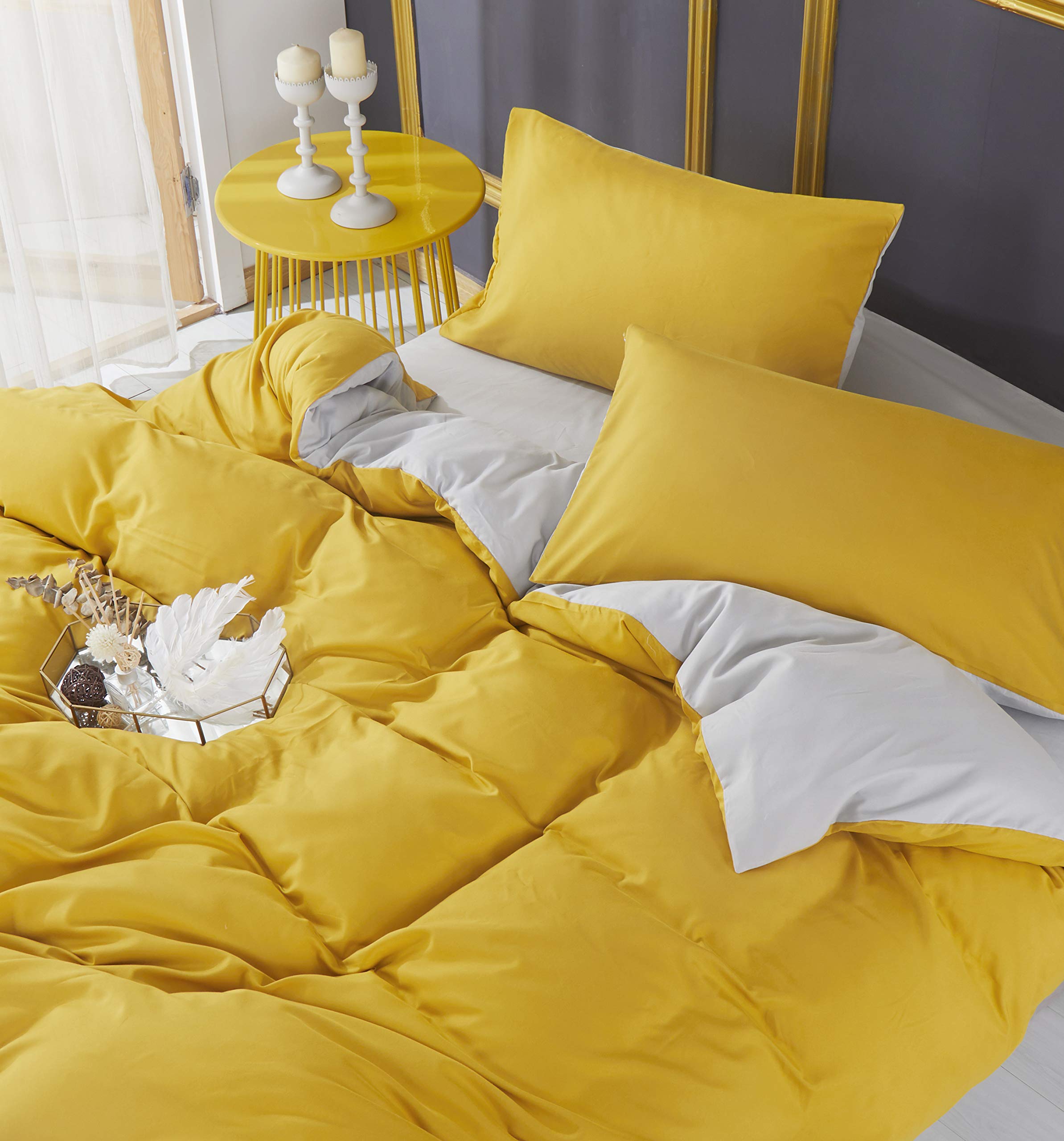 Adam Home 4PCS Complete Reversible Duvet Cover & Fitted Sheet Soft Micro Fiber Bedding Sets by TTO (Mustard Grey, Superking)