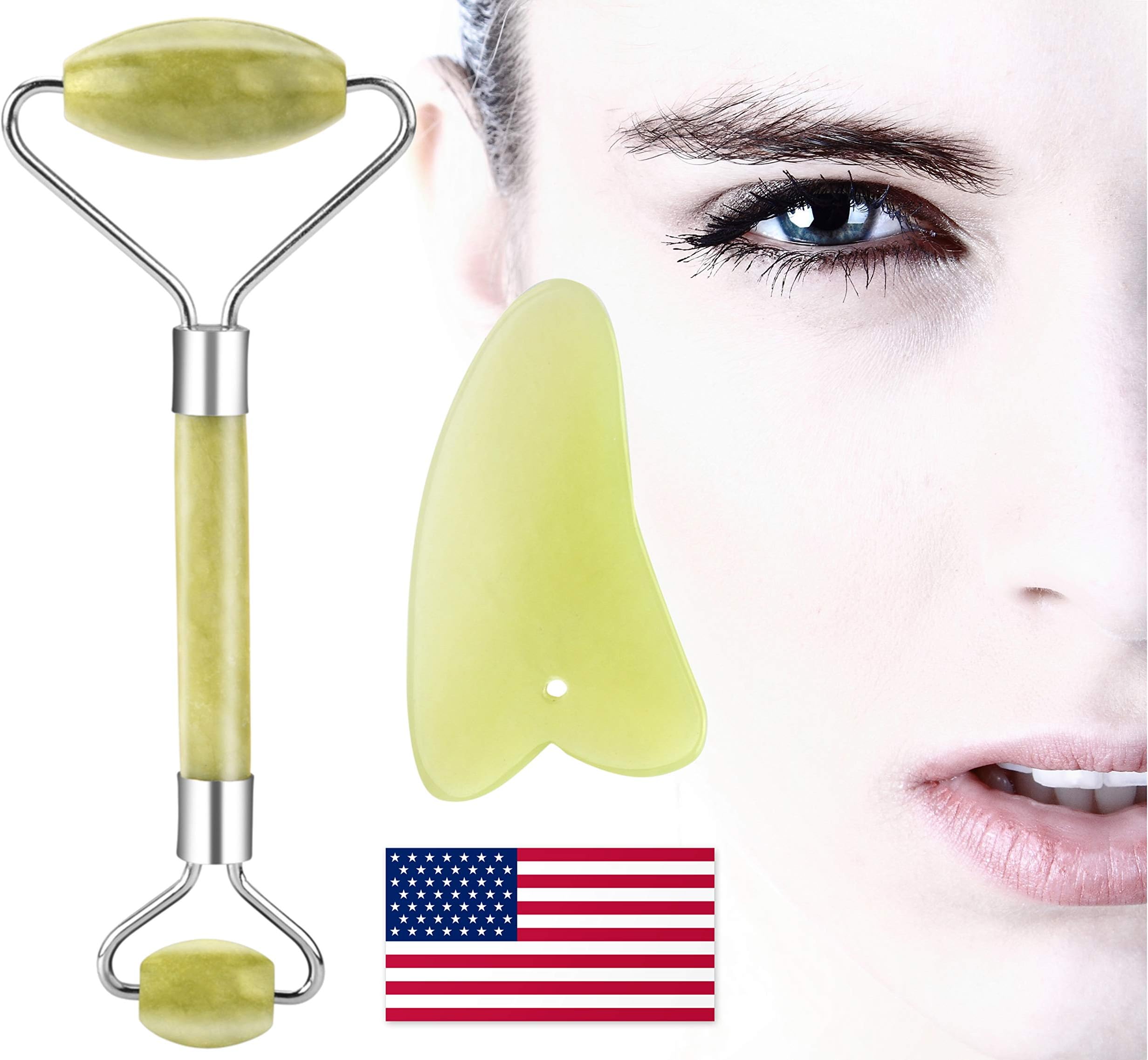 Natural Jade Roller & GUA SHA Scraping Massage Tool Set by MONALE - Anti Aging Therapy- 100% Natural Jade Stone - with Travel Bag & Polishing Cloth