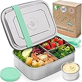 Everusely - Bento Box - Green, 60oz / 1.8 L - Extra Large Stainless Steel Lunch Box + Leakproof Condiment Container - 3 Compartment Snack Organizer for On the Go Meals - Freezer & Dishwasher Safe
