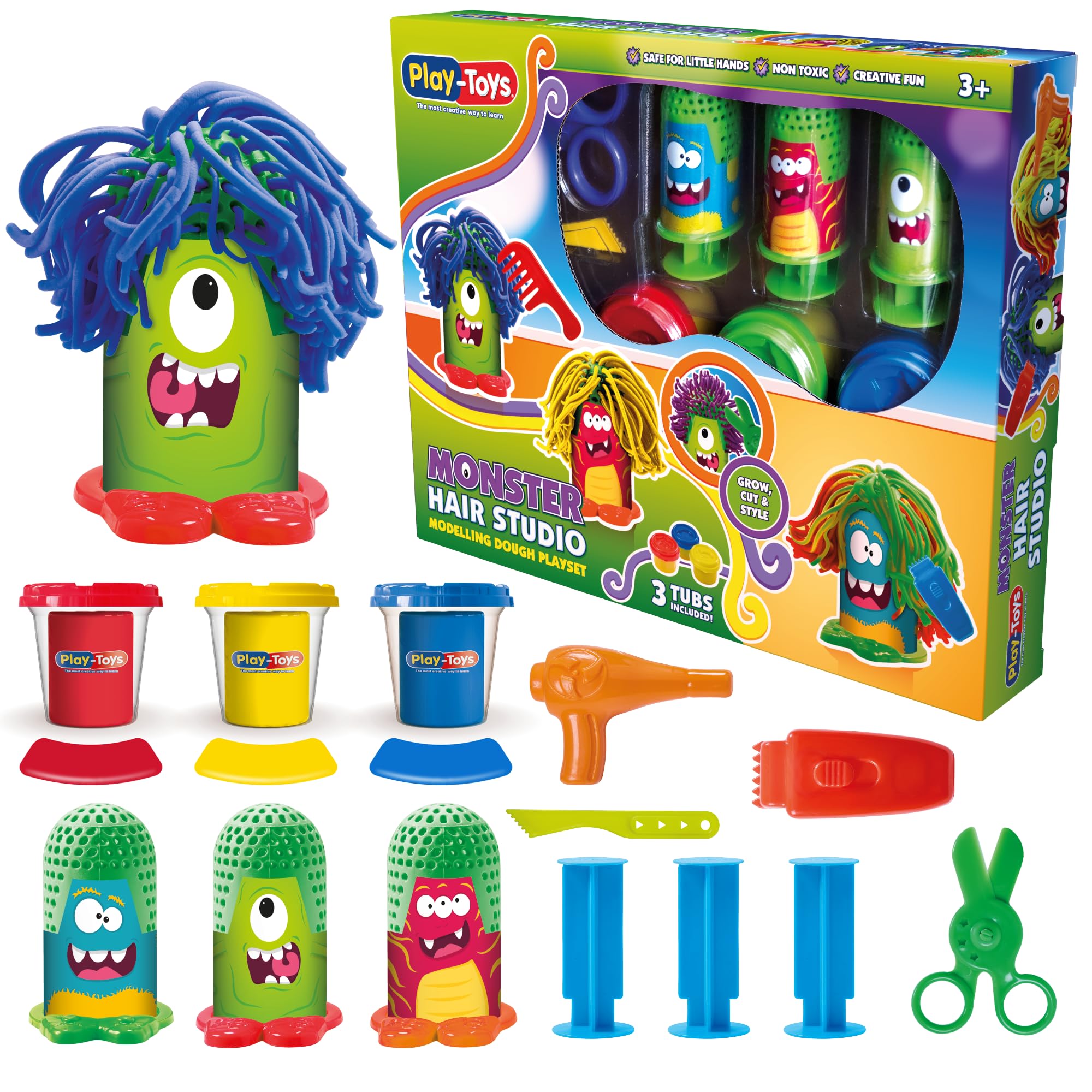 Play Toys Monster Hair Studio Playset – Includes 3 x 30g Dough Tubs, 3 Funny Monster Heads & 5 Barber Tools – Crazy Hair Salon Toy for Kids Aged 3+