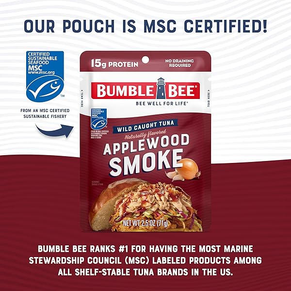 BUMBLE BEE APPLEWOOD SMOKE SEASONED TUNA, 2.5 OZ POUCH – READY TO EAT – WILD CAUGHT TUNA PACKET – 15G PROTEIN PER SERVING – GLUTEN FREE