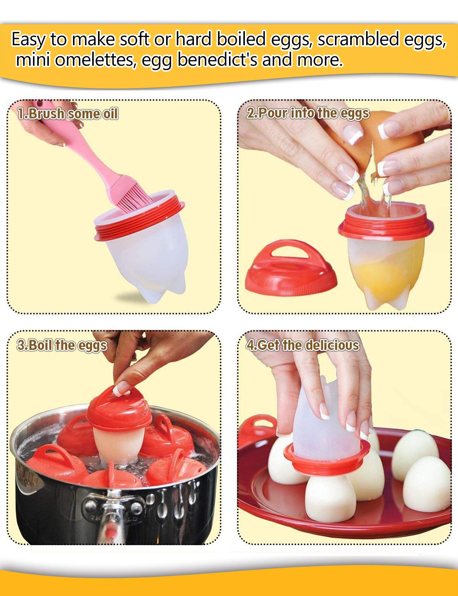 Egg Cooker-Hard Boiled Eggs without the Shell,Non Stick Silicone,boiled eggs mold, AS SEEN ON TV,6 Egg Cups