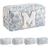 JOVAKIT Alphabet Makeup Bag Cosmetic Bag for Women, Christmas Gifts for Girls Age 6-18, Floral Flowers Coquette Travel Toiletry Zipper Make Up Pouch Organizer Trendy Stuff (Blue Floral M)
