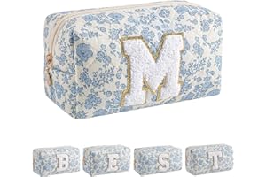 JOVAKIT Alphabet Makeup Bag Cosmetic Bag for Women, Christmas Gifts for Girls Age 6-18, Floral Flowers Coquette Travel Toiletry Zipper Make Up Pouch Organizer Trendy Stuff (Blue Floral M)