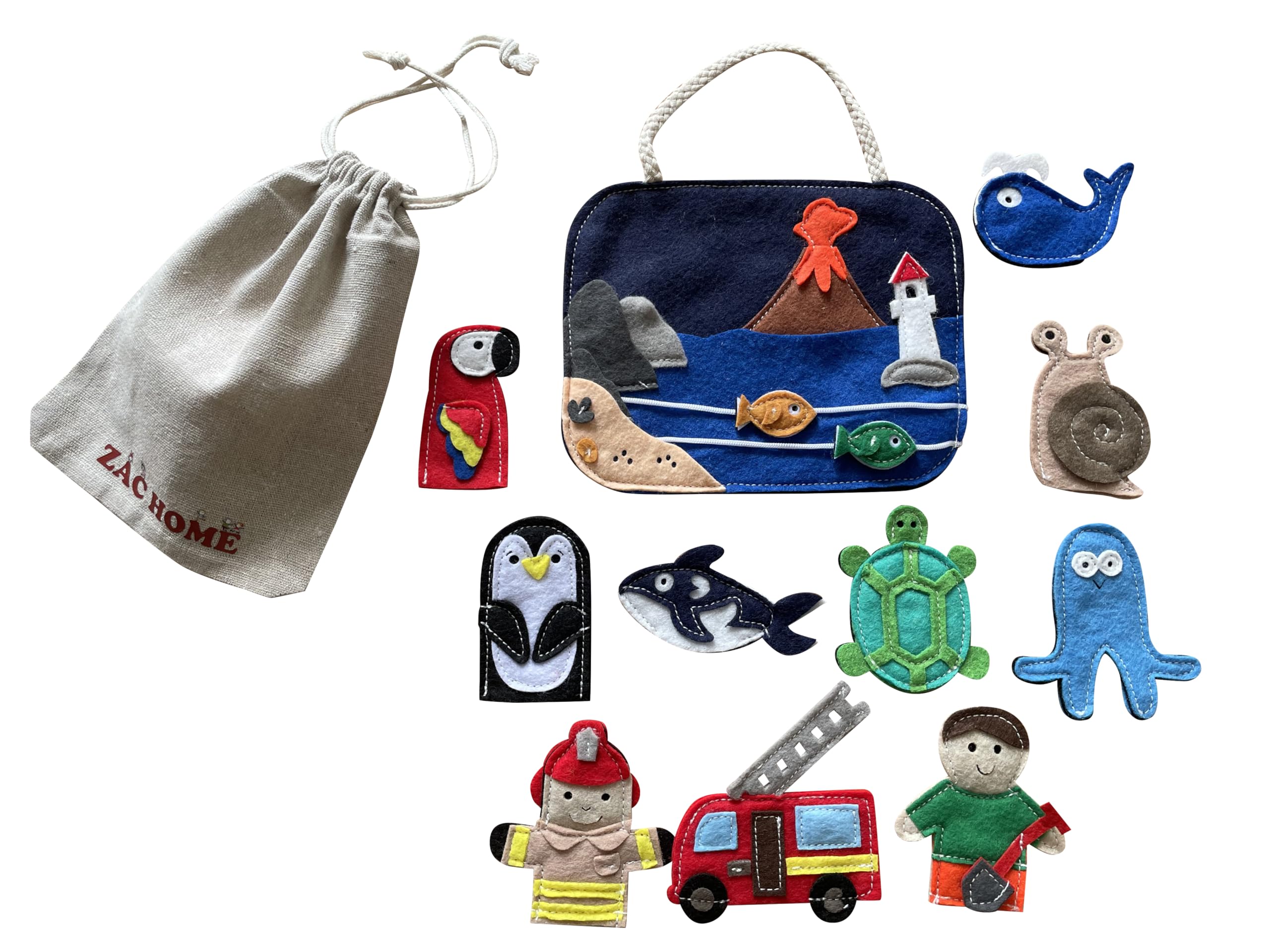 ZAC HOME Little Sea Snail Ocean Animals with Whale, Turtle, Shark Finger Puppets – Felt Story Set with Sea Creatures & Travel Bag