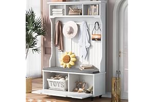 Polibi Entryway Coat Rack with Upholstered Bench Seat and Storage Cabinet, 71.8" H Wooden Hall Tree with 4 Metal Hook, 3 Top Shelves, Elegant Legs, Hallway Coat Hanger for Living Room, Bedroom, White